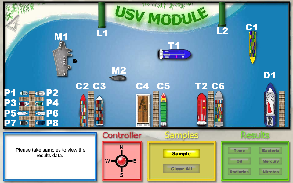 
							
								Screen shot of module simulation showing five docks, one with eight boats, three with large ships, and one with a cruise ship. Several other ships are in open water. Two runoff pipes are located on the shore opposite the docks. 
							
							